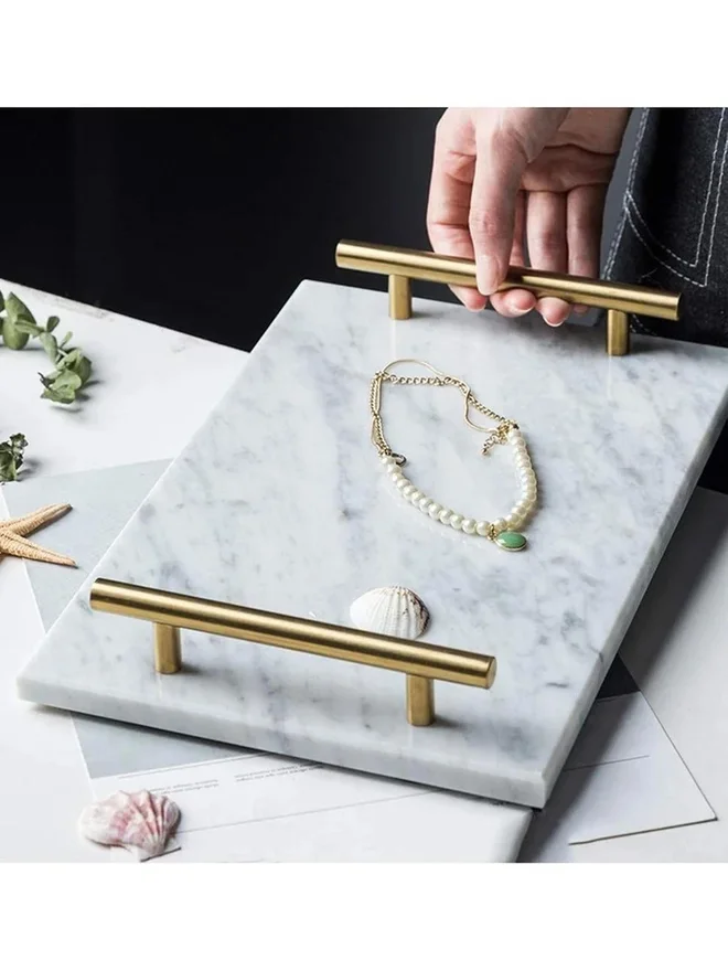 1Chase 1CHASE Marble Trinket Vanity Tray with Gold Handle 30x20 cm